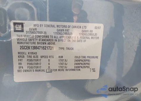 2007 Chevrolet Silverado 1500 Ltz z USA, uszkodzony, nr VIN 2GCEK13M471621731